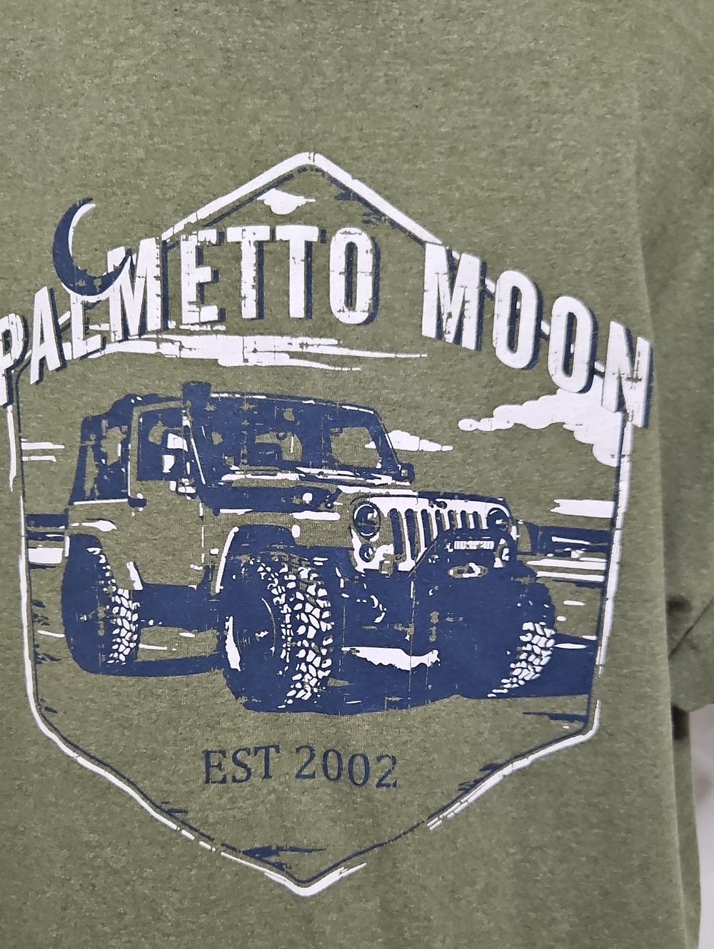Palmetto Moon Olive Green Tee with Navy Jeep Graphic